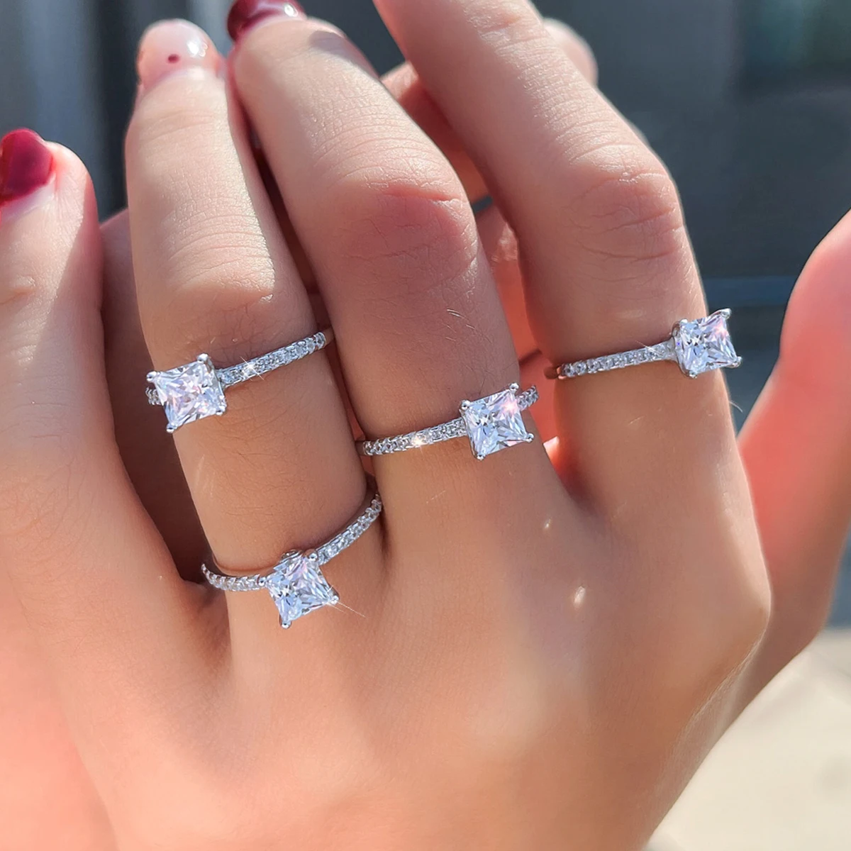 Sparkling White 925 Sterling Silver Zirconia Ring Square Cut Round 