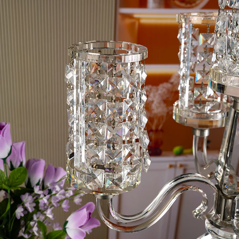 Hot Selling Five Arm Long Handle Glass Tall and Elegant Wedding Center Home Decoration Crystal Candle Holder