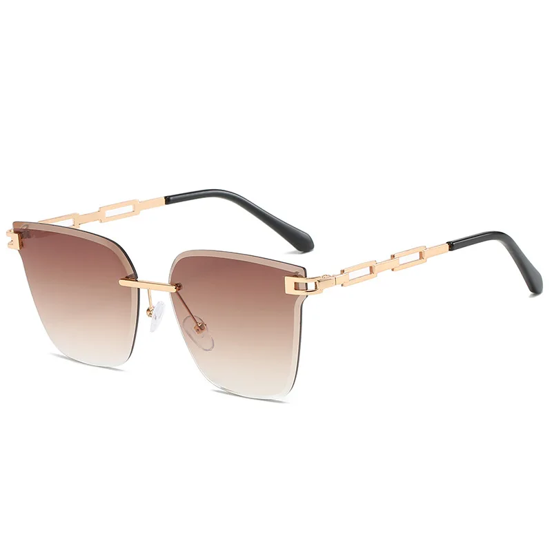 Luxury Style Brand Design Gold Chain Frame Rimless Diamond Cutting Charming Women Square Cat Eye Sunglasses