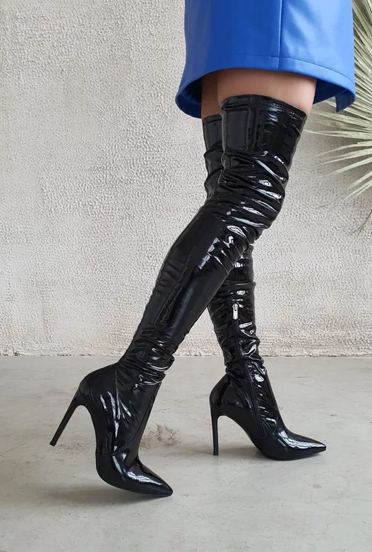 Small Round Toe Lace Up Eyelet Over Knee High Heel Women Boots Thigh ...