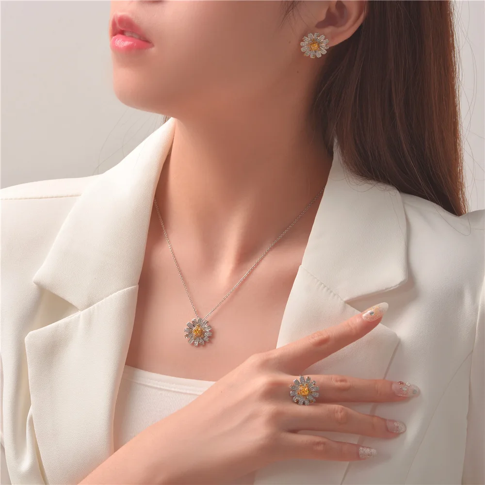 Sun Flower Rhodium Plated 925 Sterling Silver Shining CZ
