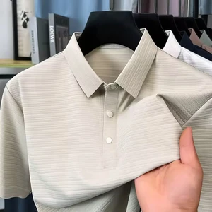 Men's Summer New Thin Silk Polo Shirt Simple and Versatile Solid Color Loose Casual T-shirt