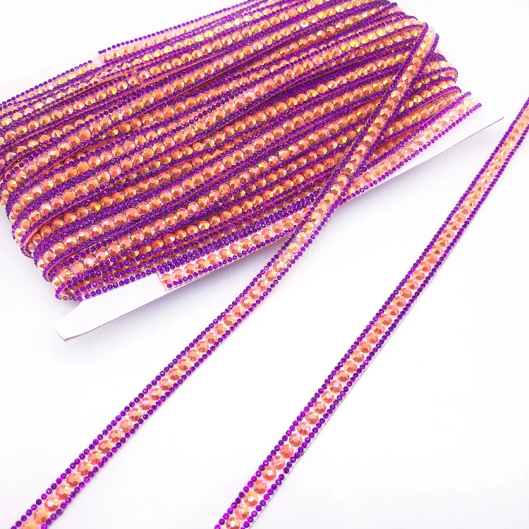 Multicolor Gel-back Iron on Trim Iridescent Hot Fix Rhinestone Trimming Applique for Carnival Kid Costume Design