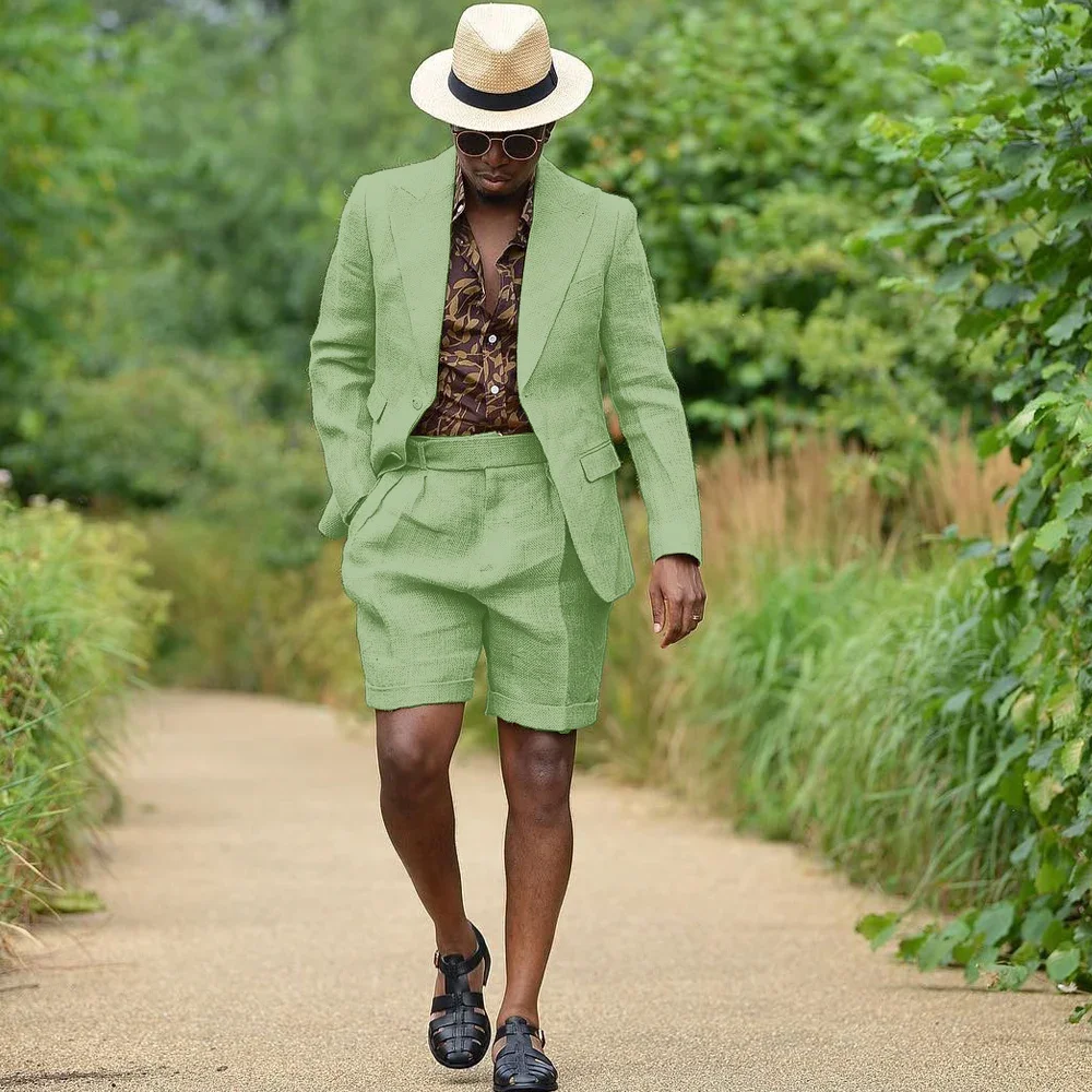 Summer Linen Men Suits Formal Man Cool Comfortable Full Men Suit for Wedding Dresses Blazers Sets 2 Piece Male Suits Shorts