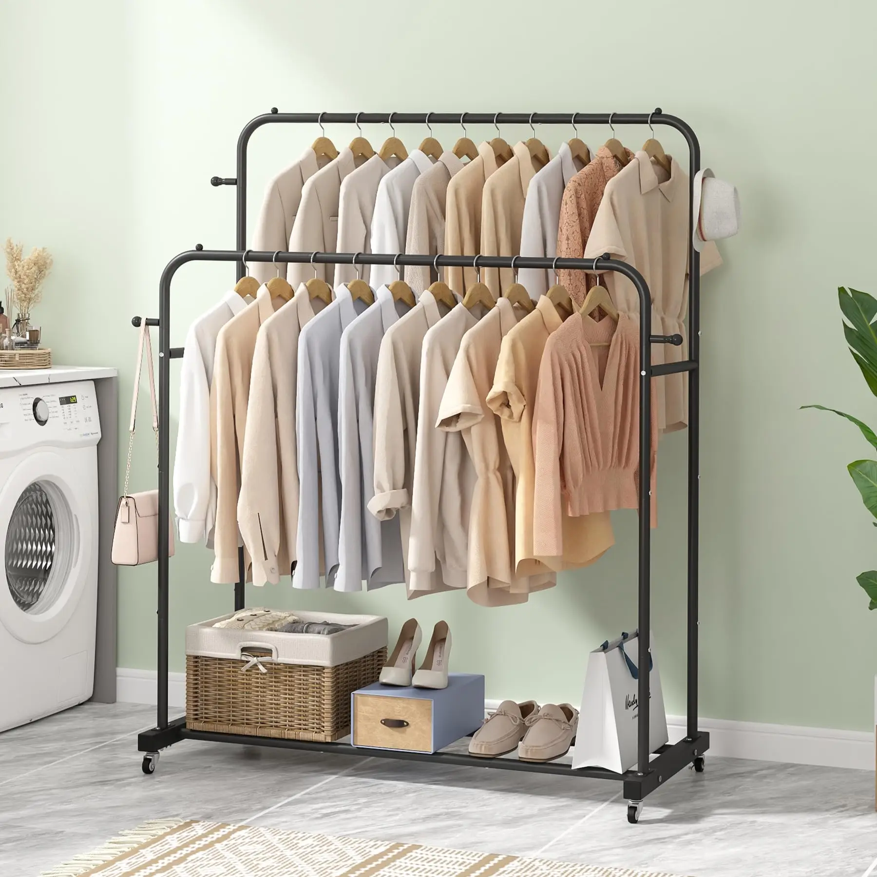 Double Rods Garment Rack With Wheels,Clothing Rack For Hanging Clothes ...