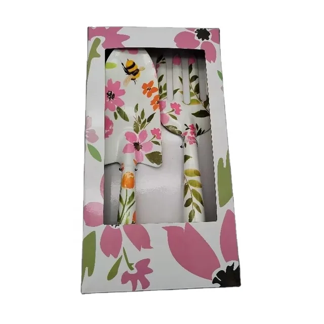 Customized Floral Print Garden Hand Tools 2 Piece Mini Hand Digging Tools With Spades Shovel  And Fork In Gift Box