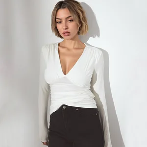 V-neck Women's T-Shirts Solid Color Pleated Long Sleeved Tight Fitting Tee Shirt Top