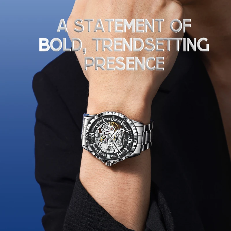 LOUIE JUELEN Men's Luxury Automatic Mechanical Watch 46mm Stainless Steel Band Waterproof Luminous Coin Charm Business Casual