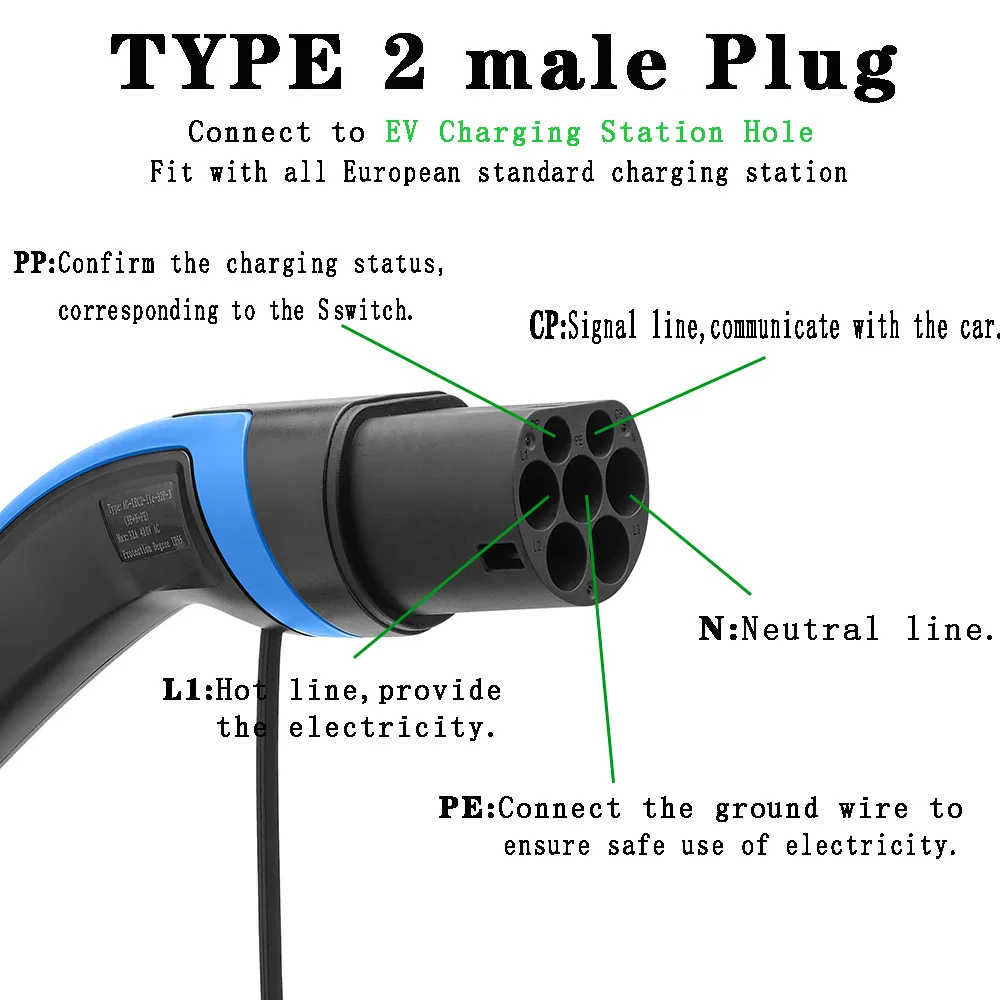 22kw 32a Ev Charging Cable Coiled Cable Blue Black Tpe Tpu Cable 7m
