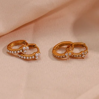 Dainty Shining Zircon & Pearl Clover Shape Huggies Hoop Earring 18K Gold Plated Stainless Steel Earring