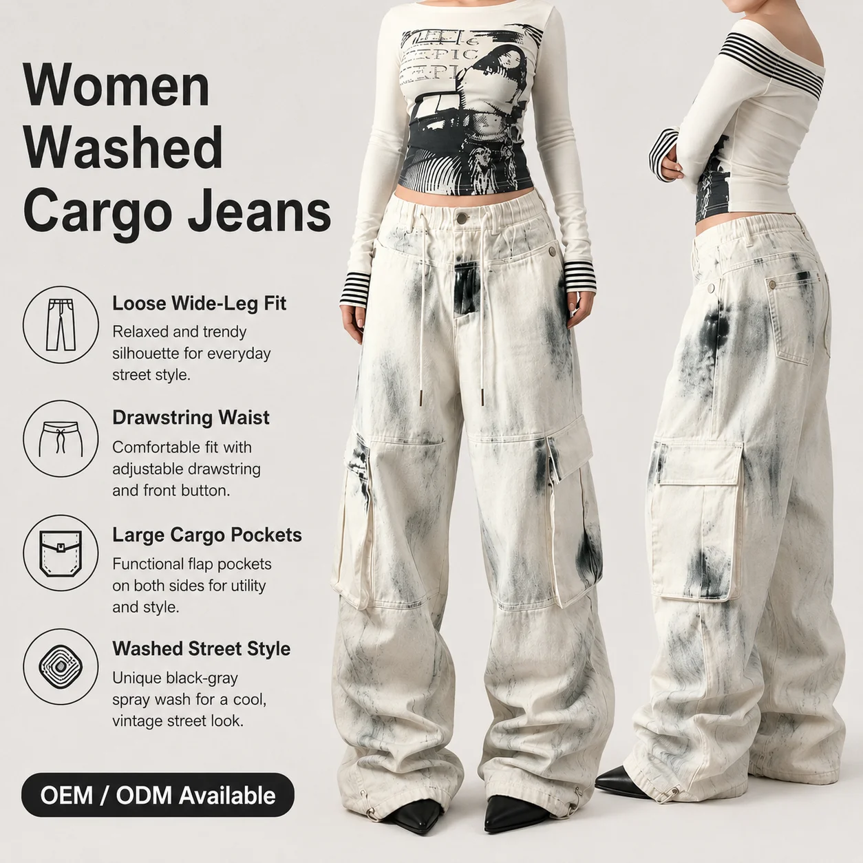 Women's Hip Hop Casual American Vintage Light Wash Denim White Cargo Jeans-Breathable Winter/Autumn/Spring