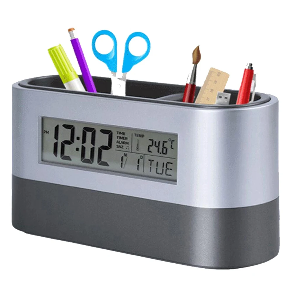 Color Changing Digital LCD Alarm Clock Thermometer Calendar With Pen Holder 