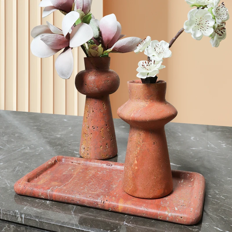 Modernes häusliches Dekorations-Orange-Travertin-Marmor-Blumenvasen aus Naturstein, handgefertigt für Diwali-Anlässe