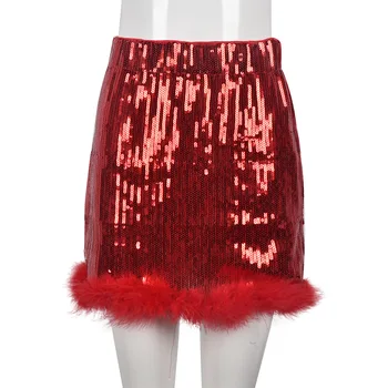 71841 Ladies Costume Red Skirt Sequin Decor & Plush Trim Eye-Catching Skirt Sexy Mini Skirt for Carnival Saia Feminina