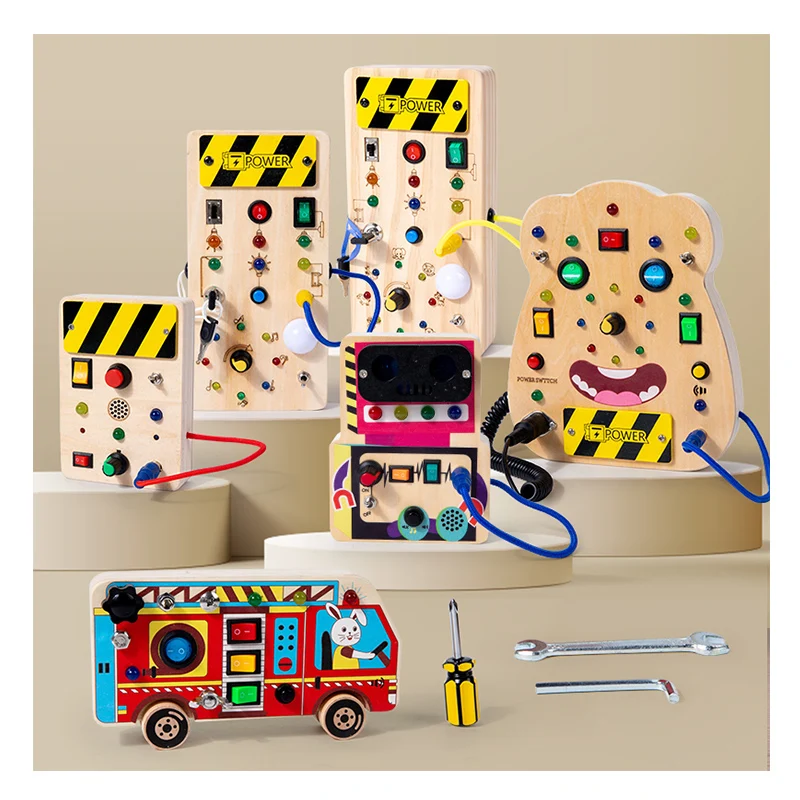 Mainan Edukasi Anak Lampu Led Elektronik Aksesori Papan Sibuk Sensorik Kayu Bayi Mainan Montessori untuk Balita