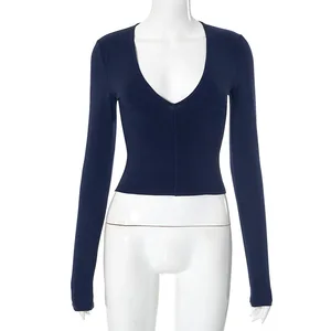 2026 Women's Fashionable Autumn-winter Sexy V-neck Solid-color Crop-top with Frayed Seams and Long Sleeves T-shirt