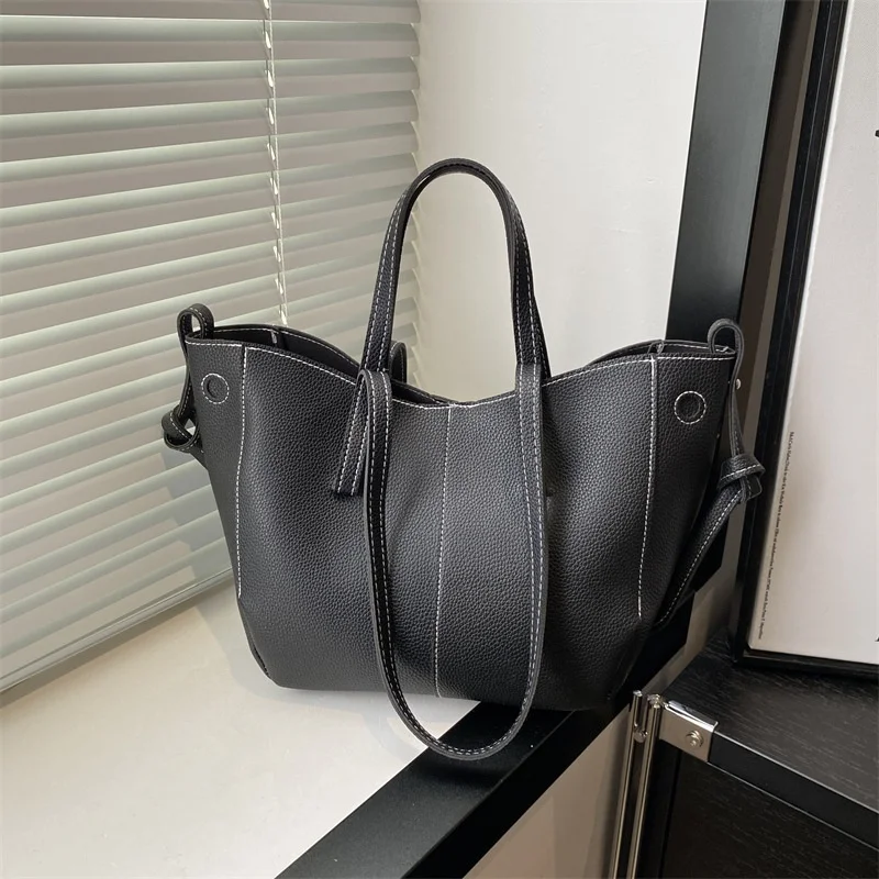 2025 French Style Wing Bag Lychee Pattern Tote Handbag Cross-Border Large Capacity Commute Shoulder Bag with PU Lining Tote Bag