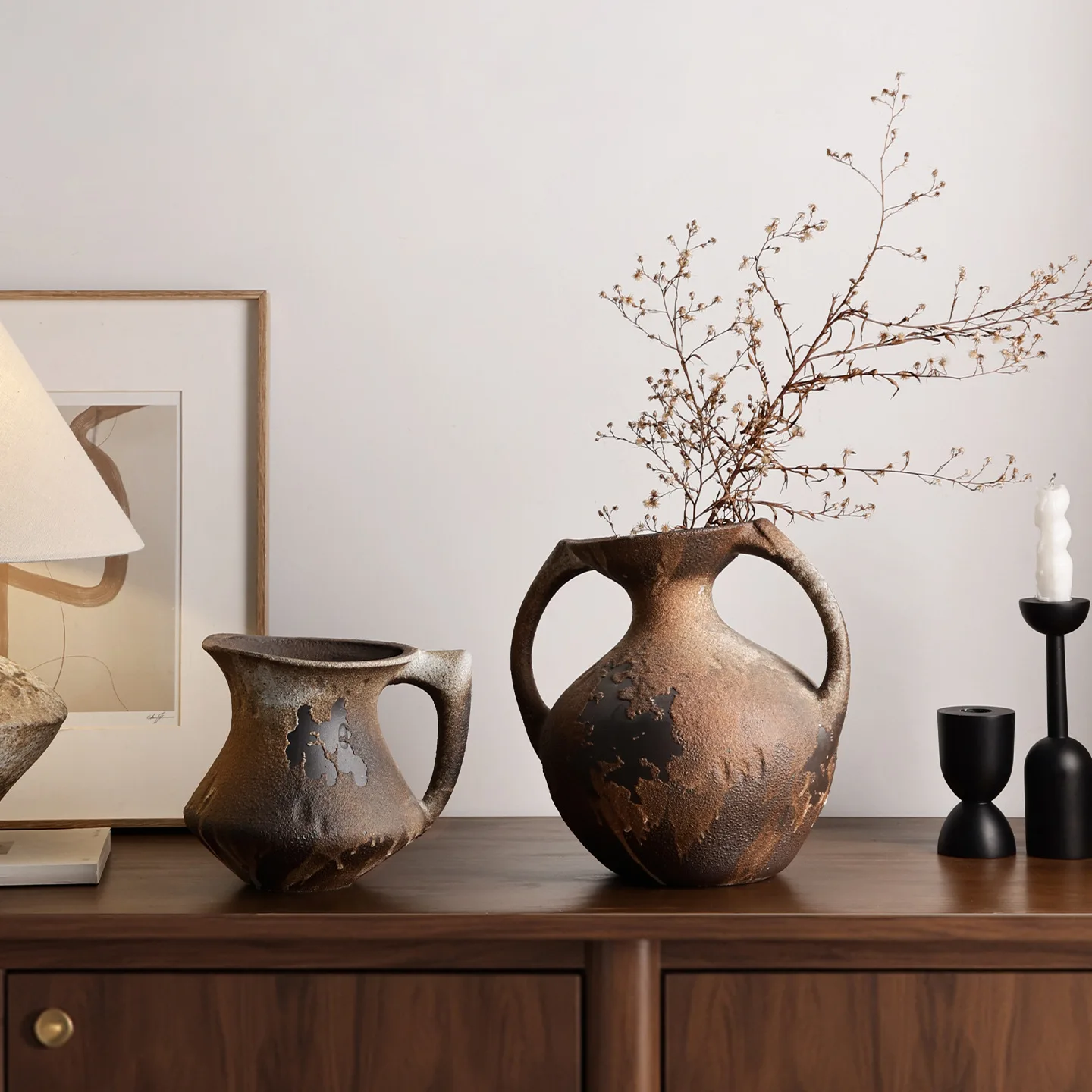 Wabi Sabi Ceramic Vase with Two Handles Rustic Brown Black Gradient Finish Vintage Style Home Decor Dried Flower Arrangement