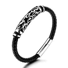 Wholesale Price 21CM Leather Bracelet Men's Stainless Steel Genuine Leather Woven Bracelet Engraved Fashion Bangles with Clasp