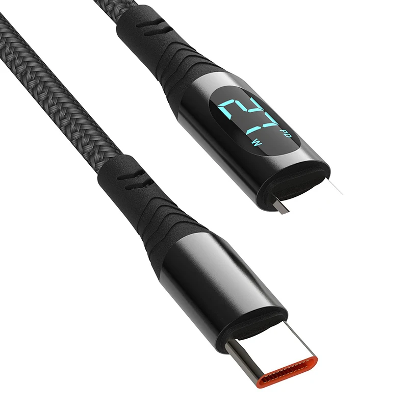 PD 100W 66W Nylon Braided USB-Type C LED Display Charger Data Cable 5A Fast Charging PVC Jacket USB C Phone Fast Charging Cable