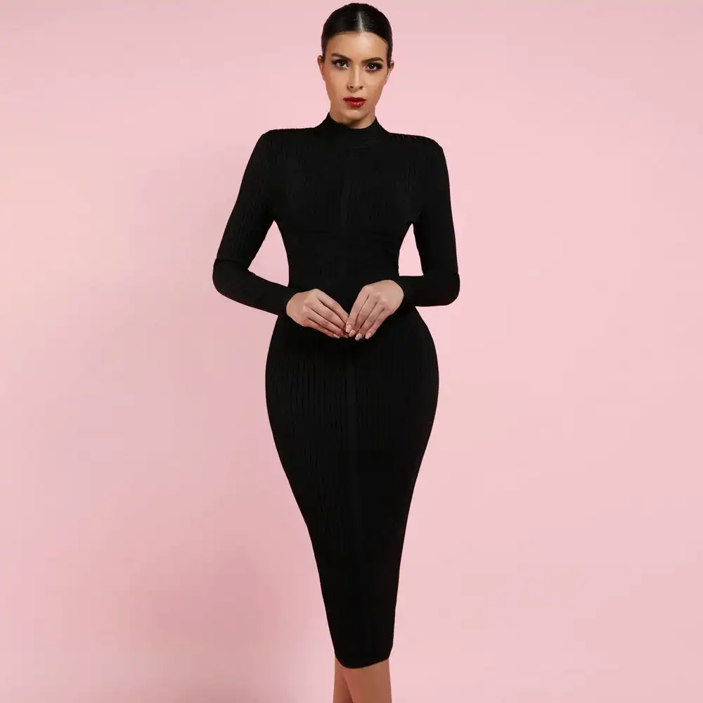 Ocstrade Black Bandage Dress - Women's Long Sleeve Casual Bodycon Turtle  Neck Midi Dress, Plus Size Available, Eco-Friendly