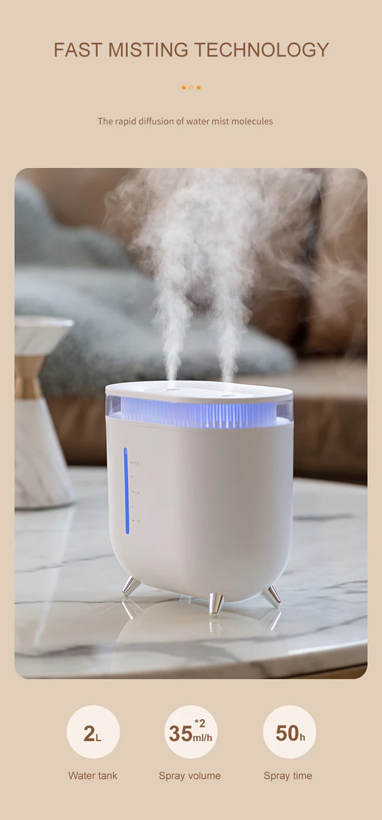 Imycoo New Arrivals 2l Dual Mist Mini Air Humidifier Rechargeable Large