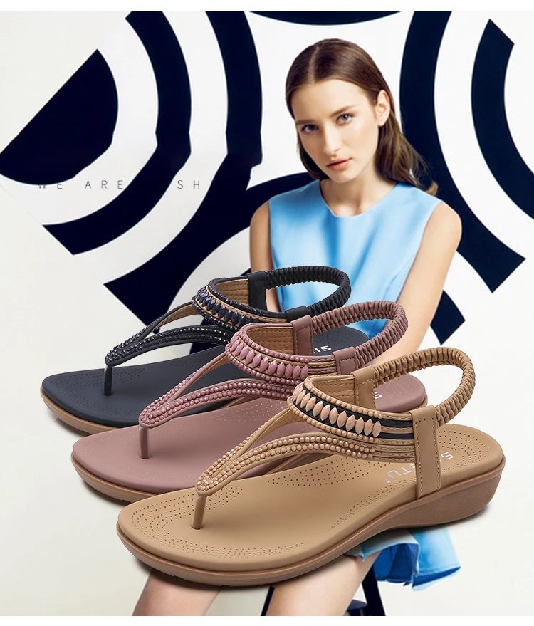Elastisches Band Perlenclip flacher Boden Strand-Wegelsandalen weiche und dicke Sohlen Damenschuhe für draußen Sommermode
