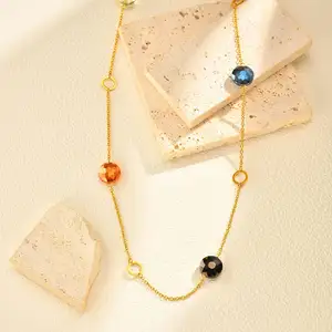 Stainless Steel Round Colorful Acrylic Pendant Necklaces Gold Plated Long Link Chain Stacked Necklace for Women