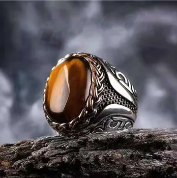 Vintage Brown Tiger Eye Stone Wedding Rings for Men Women Turkish Handmade Spiral Engraved Statement Ring Boho Jewelry