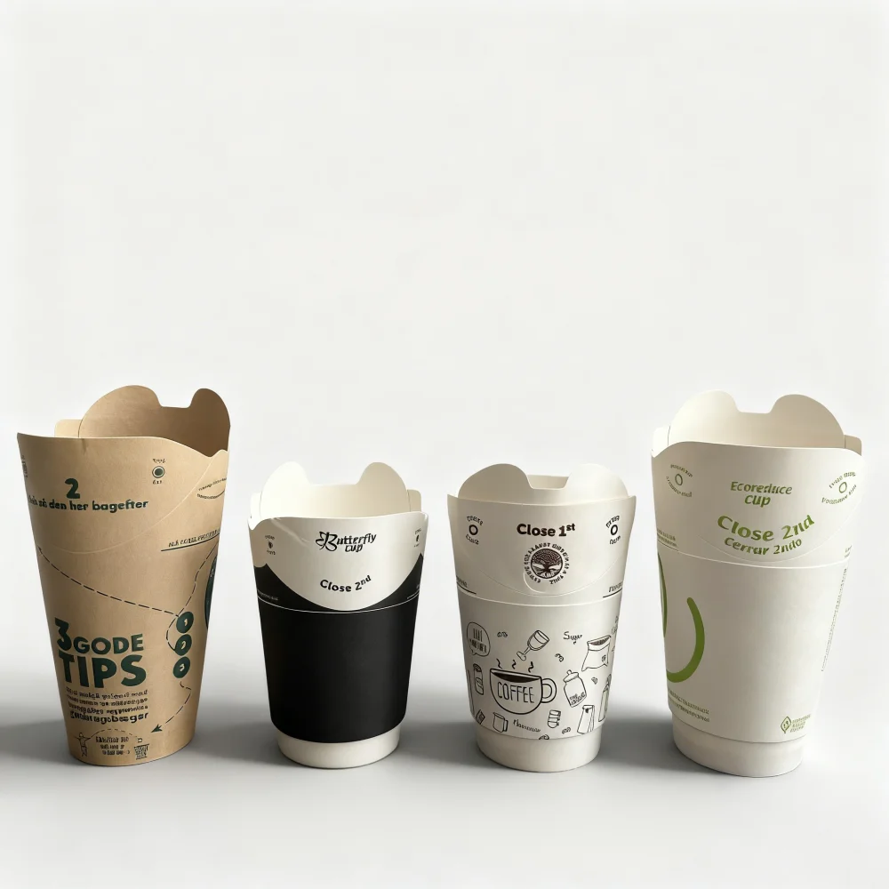 Free Sample Custom Logo Size Cafe Paper Disposable Foldable Butterfly Cup Kraft Hot Drink Cup No Lids Easy Drinking