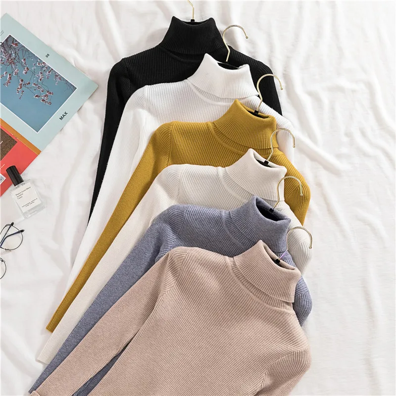 Causal Turtleneck Knitted Women Sweater Top Autumn Long Sleeve Slim Primer Shirt Elastic Pullover Solid Women Sweater