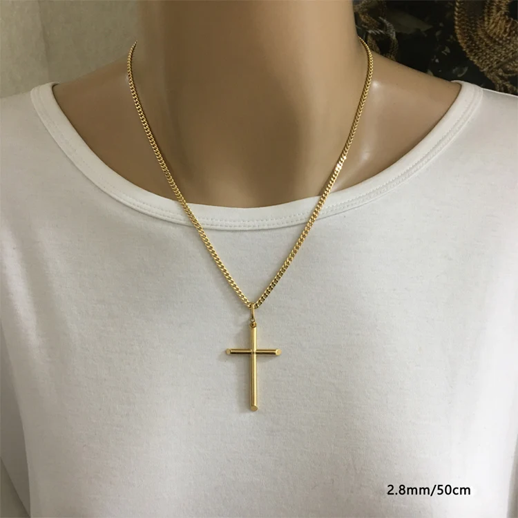 Firstmadam Fashion 18K Solid Gold Plain Cross Pendant Necklace Men Women
