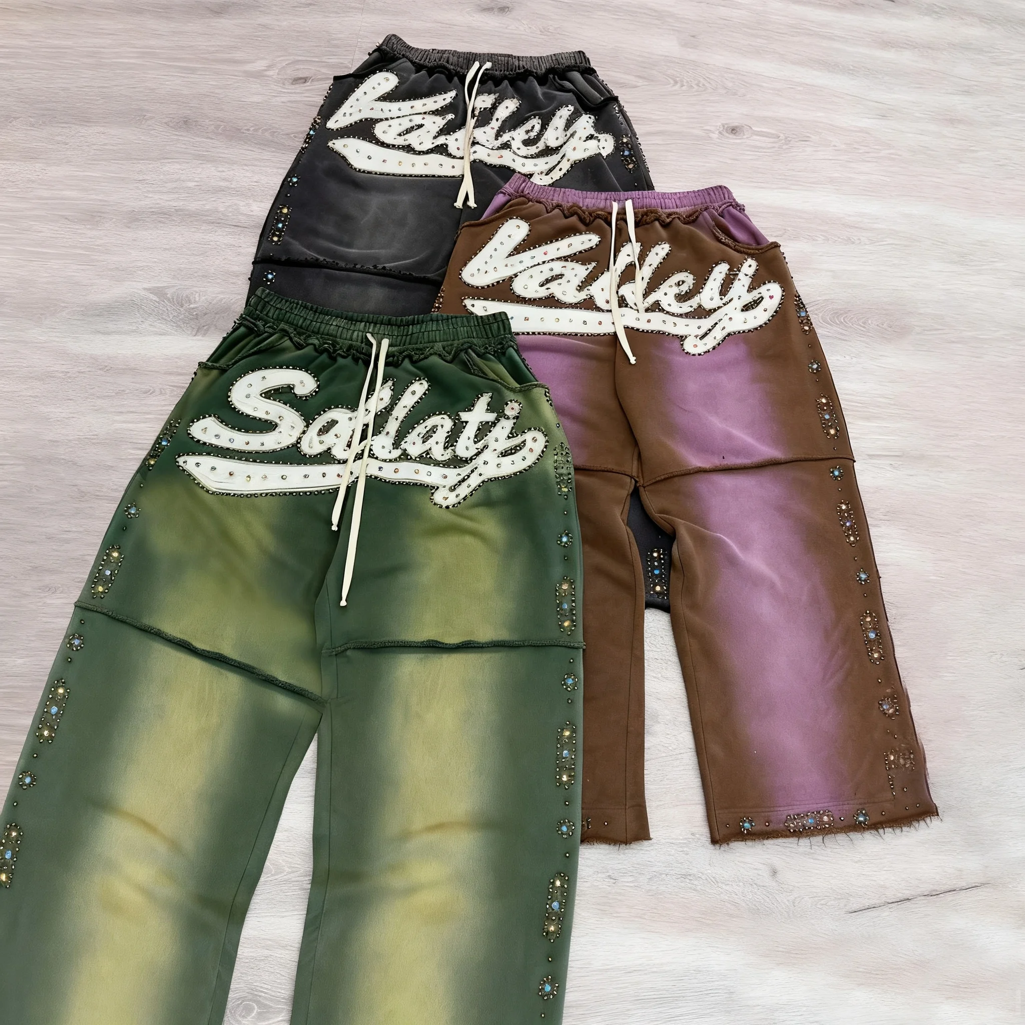 SALATI Manufacturer Custom Streetwear Rhinestone Heavy French Terry Cotton Distressed Wide Leg Casual Baggy Sweatpants for Men gallery 4
