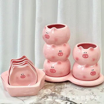 Cute pig ceramic drain chopstick holder with high aesthetic value, home kitchen countertop, spoon, knife, fork, chopstick basket