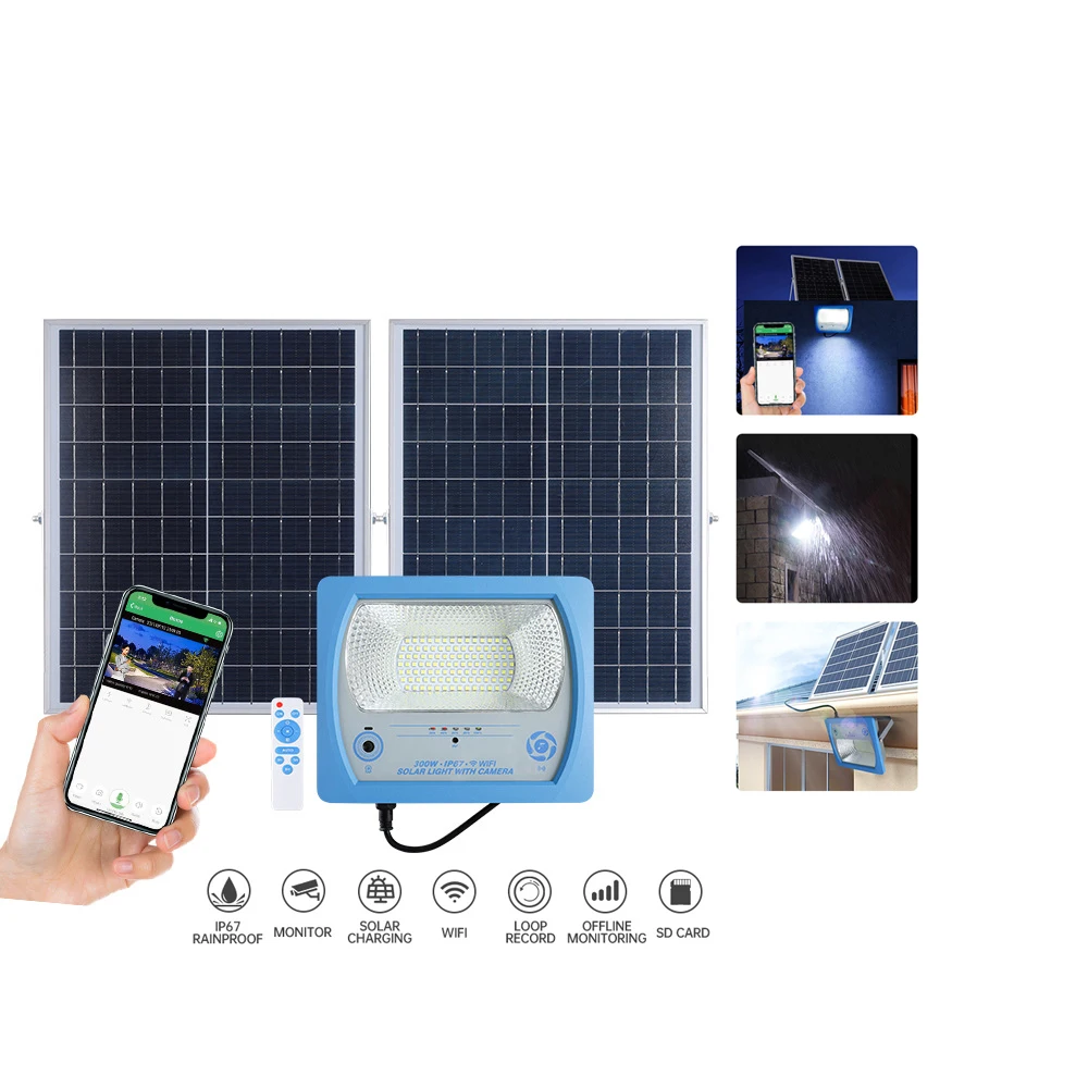 Smart Flood Light with HD Camera 100W300W Solar Powered WiFi IP67 Waterproof Motion Sensor Security Lighting