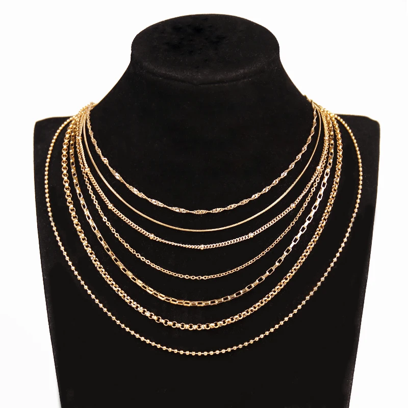 Wholesale 18K Gold Plated Minimalist Jewelry Chain Necklace Custom Gold Carat Paper Clip Chain Cross Snake Flat Classic
