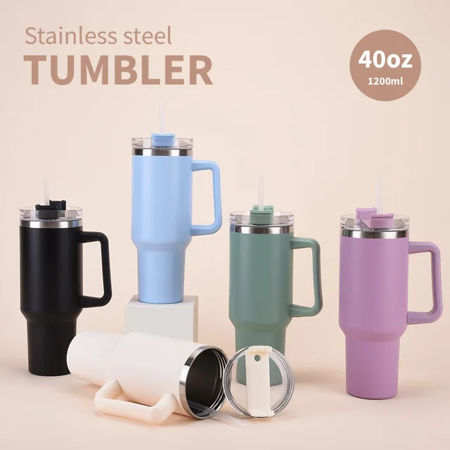 Portable 40oz Double-Layer Seamless Tumbler with Leak-Proof Collapsible Straw Straight Mouth Car Water Cup Lid Camping Travel