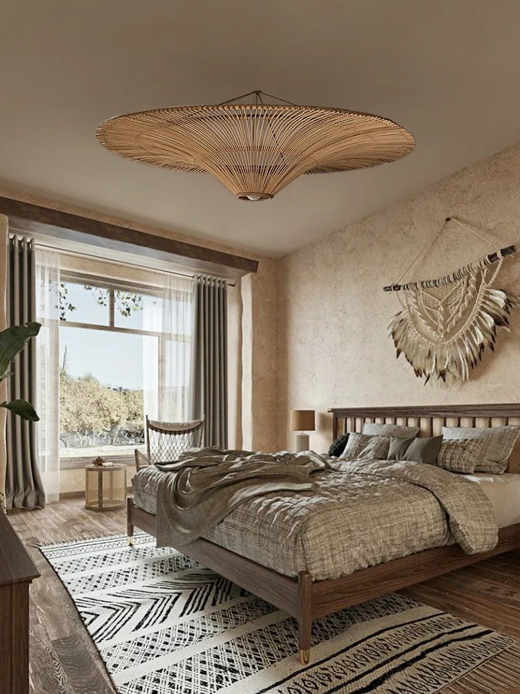 Minimalist Japanese Wabi Sabi Style Retro Rattan Art Ceiling Lamp Homestay Hotel,Southeast Asian Style Rattan Woven Lamp