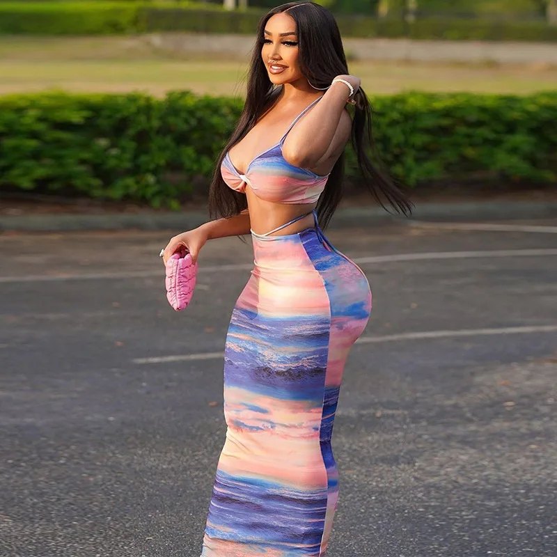 Spaghetti Strap Crop Top and Long Pencil Skirt 2 Piece Set Elegant New Printed Fall 2023 Women Clothes