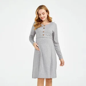 Maternity Dress with Long Sleeves and Round Neck Solid Color Breastfeeding-Friendly Dress