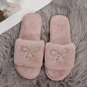 Hot Selling Women's Comfortable Indoor Winter for Slippers Soft Warm Plush Non-Slip Open Toe Anti-Slippery Cute Fur Bowknot