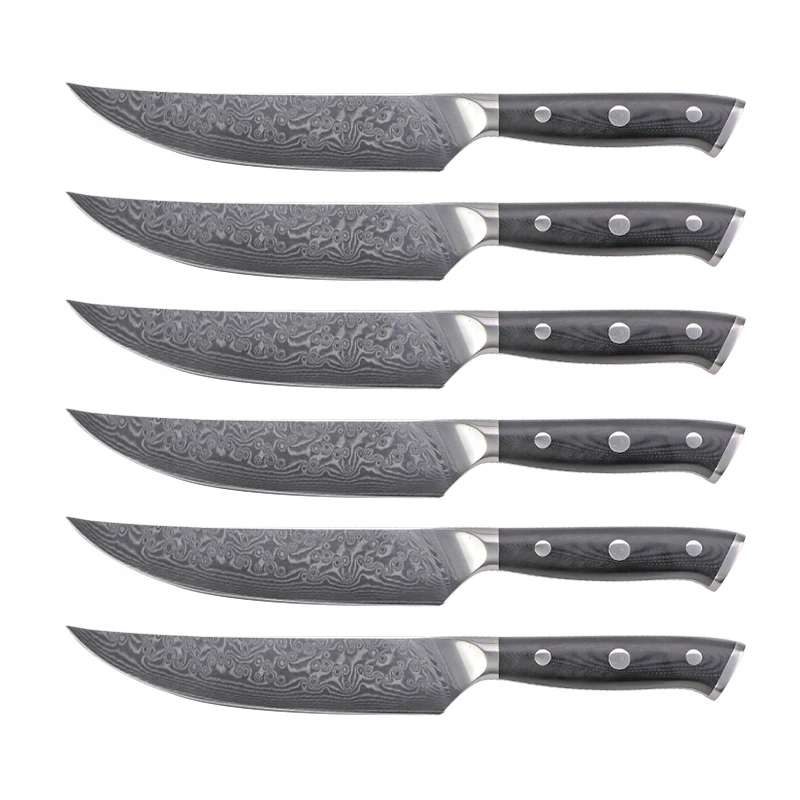 Набор кухонных ножей Tuobituo 5 дюймов, 6 шт. кованых, 67 слоев, набор стейков из дамасской стали с ручкой G10