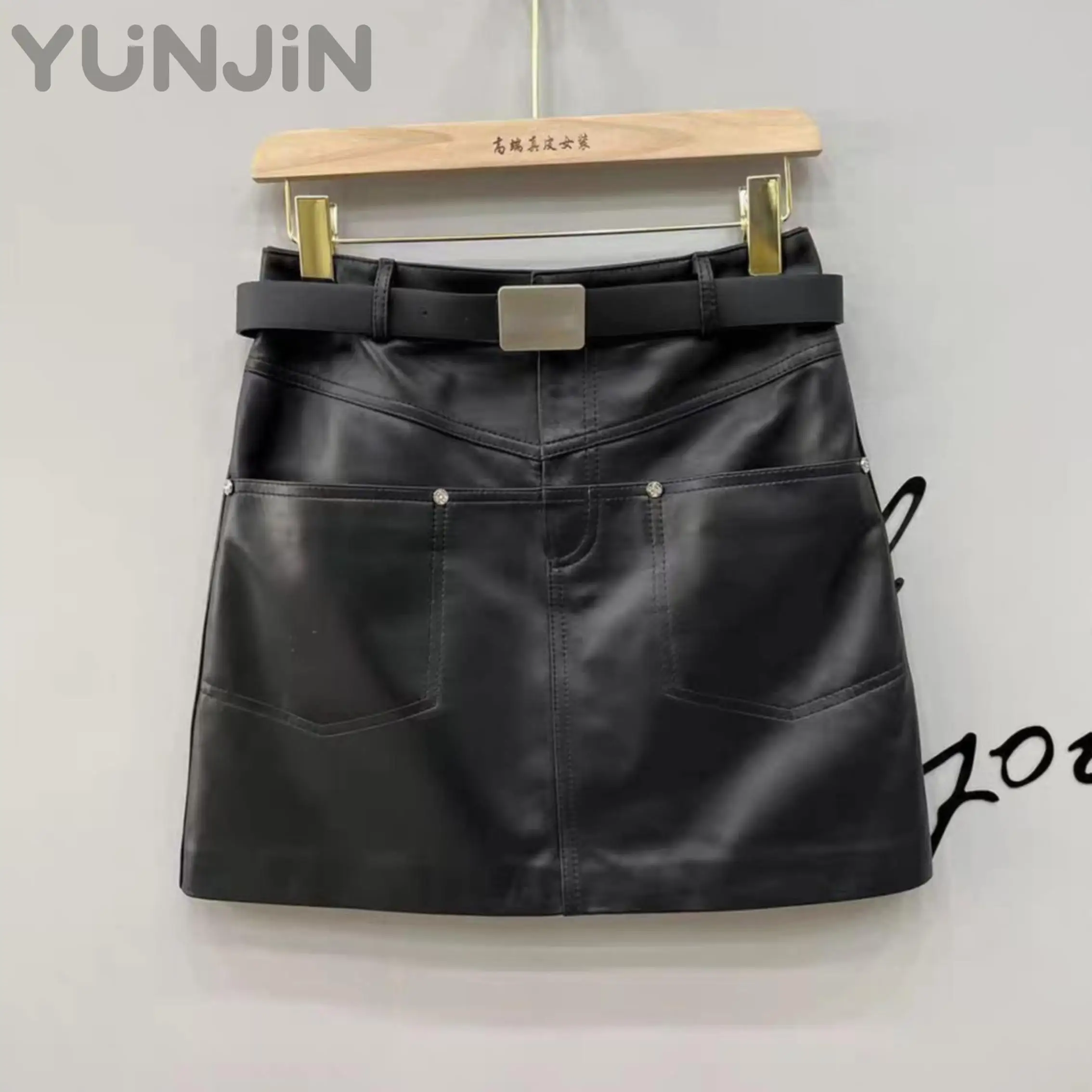Women Genuine Sheep Leather Skirt High Waist a