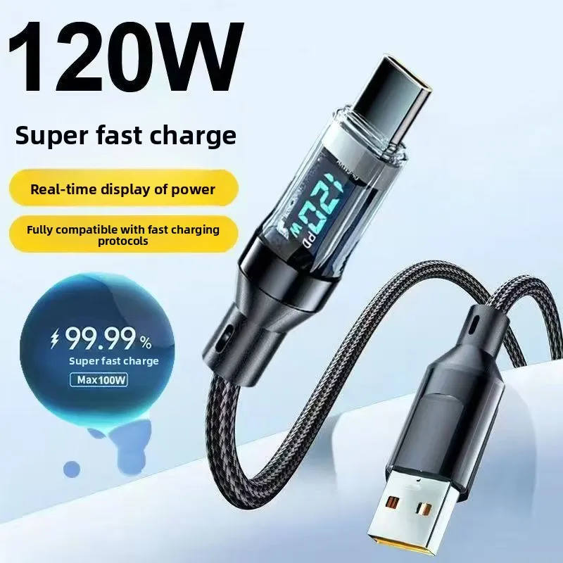 120W USB Type C Fast Charging Data Cable Digital Display Smart Power Off Braided Cord for Phone Lap Tablet