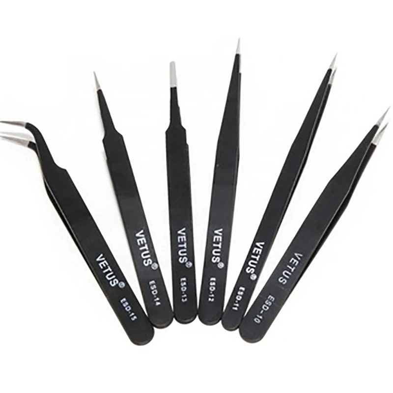 6Pcs ESD Anti-Static Stainless Steel Tweezer Eyebrow Tweezers Maintenance Tools