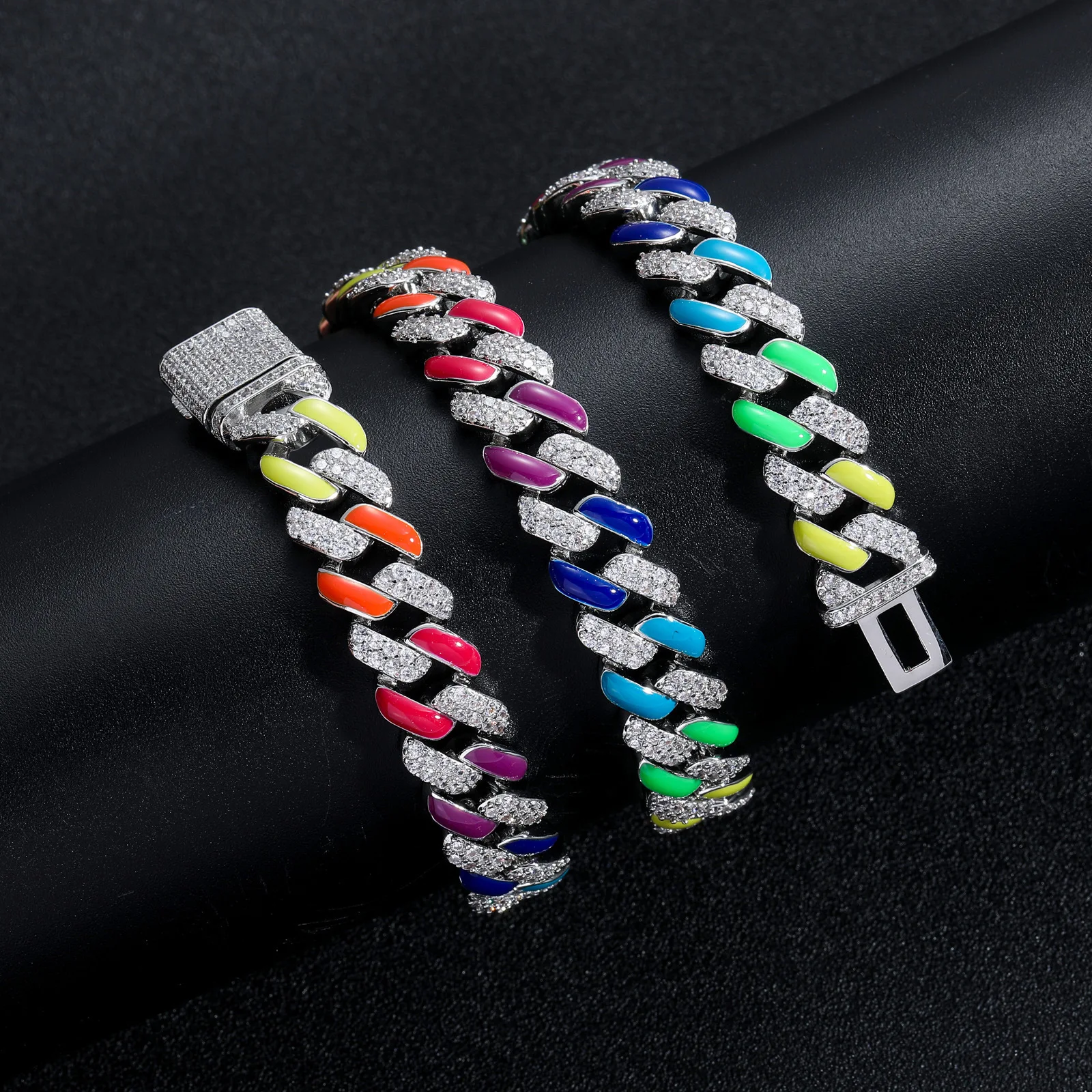 Unisex Hip Hop Miami Cuban Curb Link Chain Multicolor Enamel Bracelet,  Silver 