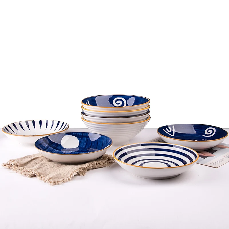 8 Inch Disposable Eco-Friendly Ceramic Japanese Style Design Mixing Hand Painted Ramen Rice Soup Bowl Plate Noodle Set