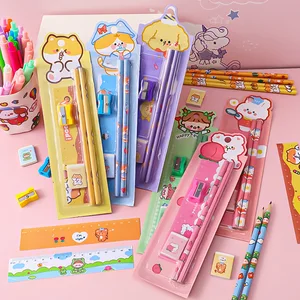 NEW Cartoon Pencil Set Student Learning Stationery Five-piece Wood Black Lead Children's High-value School Gift Kindergarten