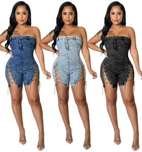 Y218117 High Quality Summer Jeans Jumpsuits Women Copper Chains Hollow Out Strapless Jeans Rompers Denim Jumpsuit for Women