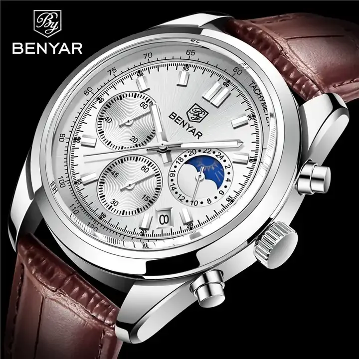Montre Homme BENYAR BY-5188 - Chronographe Quartz, Boîtier Acier 42mm, Cadran Bleu, Bracelet Cuir - Neuf Avec Étuie